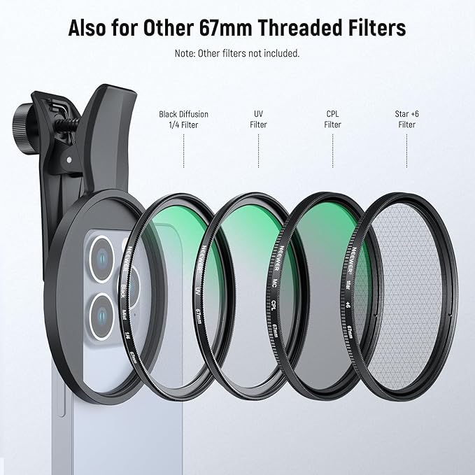 NEEWER 67mm Variable ND Filter Compatible with iPhone, Clip On ND2-32 Neutral Density Phone Lens Photography Accessories Kit Compatible with iPhone 17 16 15 Pro Max Plus 16e 14 13 mini, FL-B25