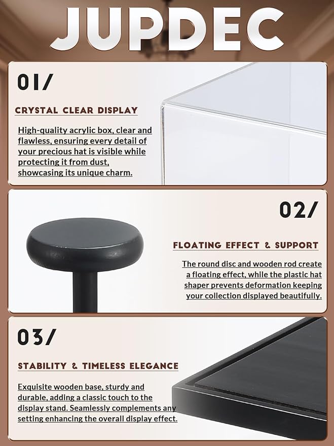 JupDec Hat Display Case, Clear Acrylic Baseball Cap Display Box Stand, UV Protection Signed Hat Transparent Showcase with Solid Wood Base Risers & Hat Shaper, Ideal Gift for Caps Collector, Black