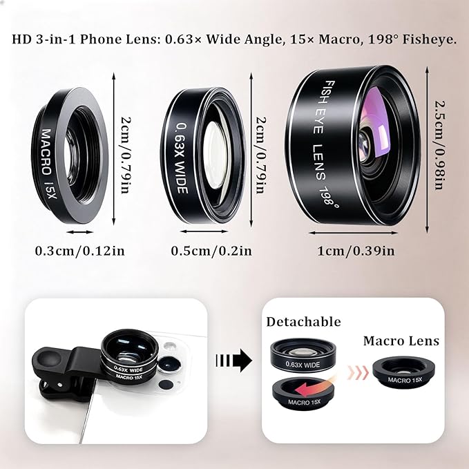 3-in-1 Smartphone Camera Lens Kit – 198° Fisheye, 0.63× Wide-Angle & 15× Macro Clip-On Lens Set for iPhone, Samsung & Android Phones (Black)