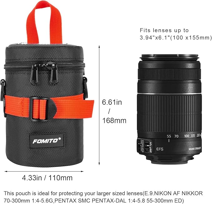 FOMITO Camera Lens Case Pouch Bag for Canon EF-S 17-55mm/17-85mm,EF 35mm f2, Nikon AF-S 18-200mm/18-105mm/18-300mm, Fujifilm XF 56mm f1.2 R & More Lens Below 3.94" x 6.1"(D x L) - Black M size