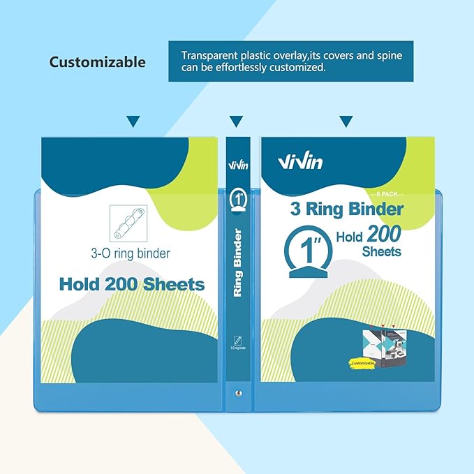 ViVin 1 Inch Round Ring View Binder for Durability, Standard 3 Ring Binder for 200 Sheets of US Letter Size Paper, PVC-Free, 6-Pack (Assorted)
