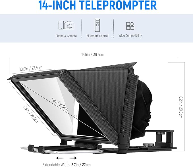 NEEWER X12 Aluminum Teleprompter with RT-110 Remote Control (Connected via Bluetooth on NEEWER Teleprompter App) & Carry Case, Compatible with iPad, iOS/Android Tablets, Smartphones, DSLRs (Black)