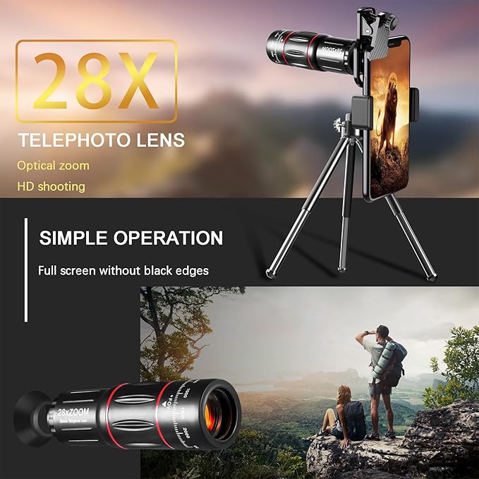 Phone Camera Lens Kit Upgraded Version Telephoto 28X Wide Angle 0.6X Macro 20X Fisheye 198° for Most Smartphones (Black)