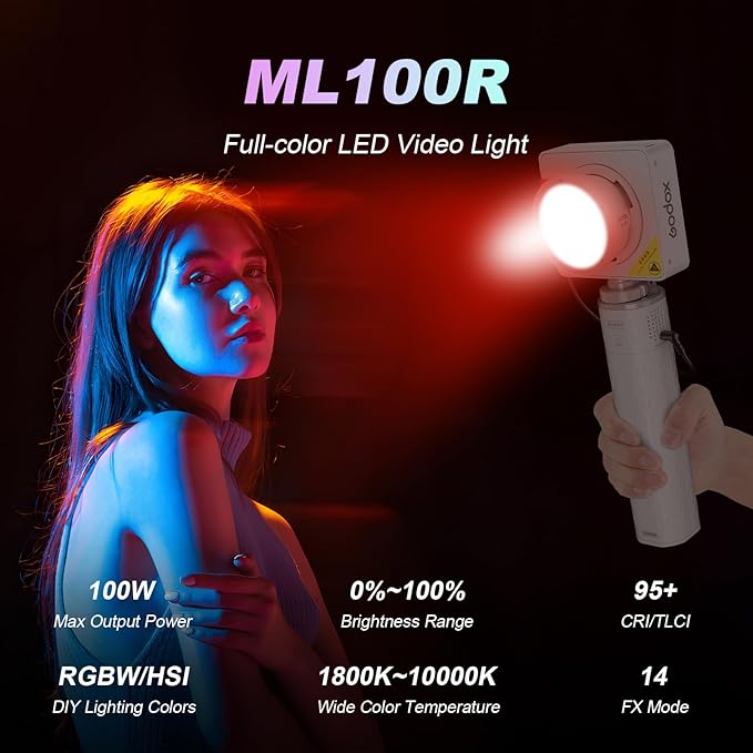 Godox ML100R RGB COB LED Video Light, 110W Full-Color Lamp with Battery & Carry Case, Godox Mount, 1800K-10000K, CRI 97+/TLCI 98+, 14 FX Effects, APP Control for Studio/Streaming/Outdoor Photography