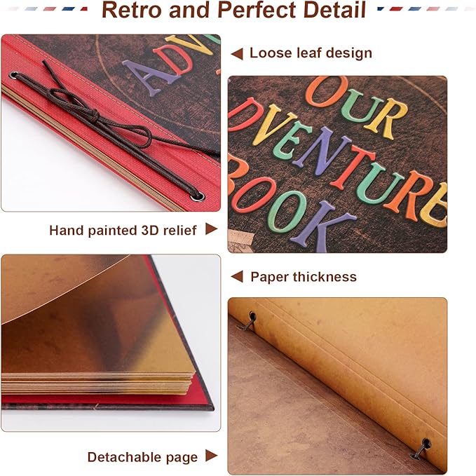 Big Size 12x12 Inch 60 Pages Scrapbook Photo Album,Our Adventure Book 3D Retro Embossed Letter Hard Cover Movie Up Travel Journal Memory Book For Couples,For Best Friend Gift