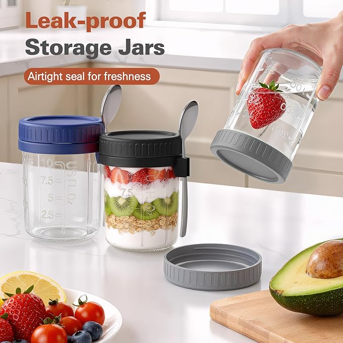 Cozyverge 6 Pack Overnight Oats Containers with Lids and Spoons, 16 oz Airtight Oatmeal Container with Measurement Marks, Overnight Oats Jars Large Capacity Airtight Jars for Milk, Cereal, Fruit