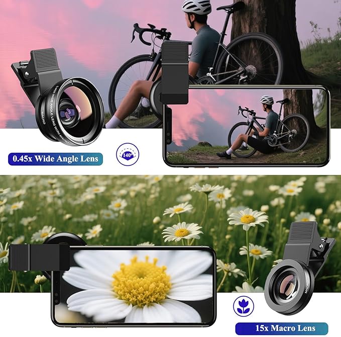 Phone Camera Lens 2 in 1 Phone Lens Kit, 0.45 Super Wide Angle Lens 15x Macro Lens, Wide Compatibility with Popular Smartphones, Tablets and Laptops of Various Brands