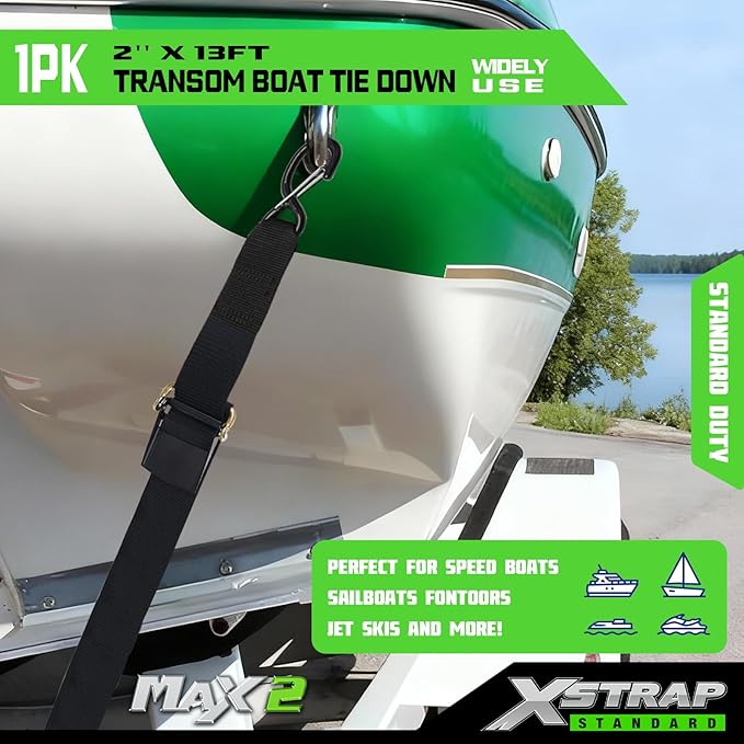 XSTRAP STANDARD 1PK 2''x 13' Adjustable Tie-Down Wide Webbing Rated Capacity: 1200 lb Moving Straps Tie Downs Marine Boat Strap Trailer with Hooks Prevent Corrosion Yet Easy