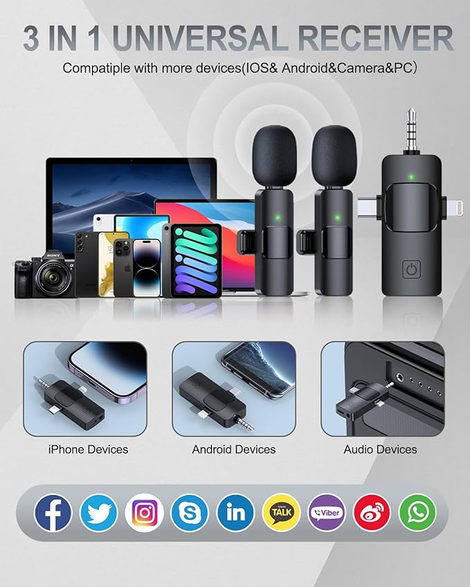 PQRQP 3 in 1 Professional Wireless Lavalier Microphone for iPhone, Android, Camera, Wireless Microphones, Mini Microphone, Crystal Clear Sound Quality for Recording, Live Streaming, Microphone Clips