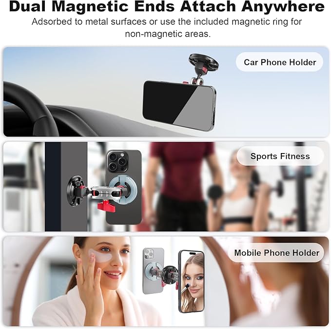cametv Dual Magnetic Phone Holder with Dual Ball Head Magic Arm, Aluminum Gym Magnetic Phone Stand for Car/Gym/Tripod/Travel, Modular Car Phone Mount for iPhone Series/Magsafe Case (SY034)