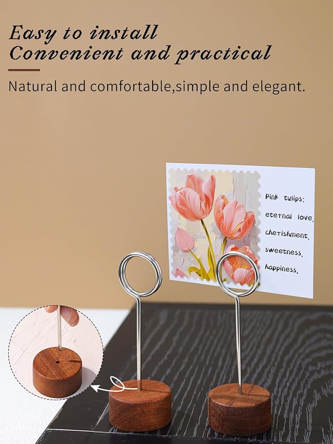 6 Pack Wood Place Card Holders with Metal Clip, 4.3" Tall Table Number/Name Sign Holder, Memo Card Photo Picture Note Clip Stands for Party Restaurant (Silve Circle)