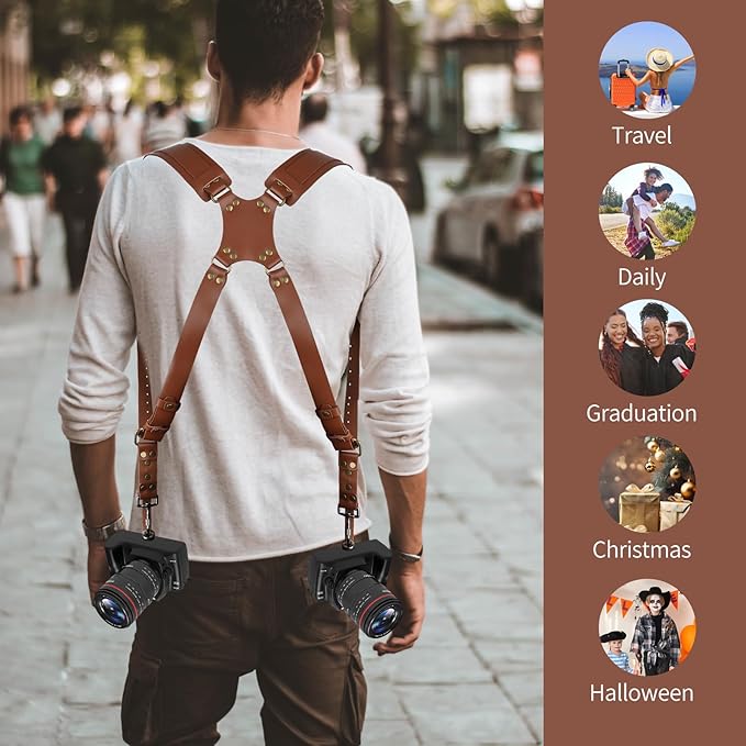 Bebaimis Dual Camera Harness Strap for Two-Cameras,Dual Shoulder Leather Camera Strap,Double Camera Harness for DSLR/SLR