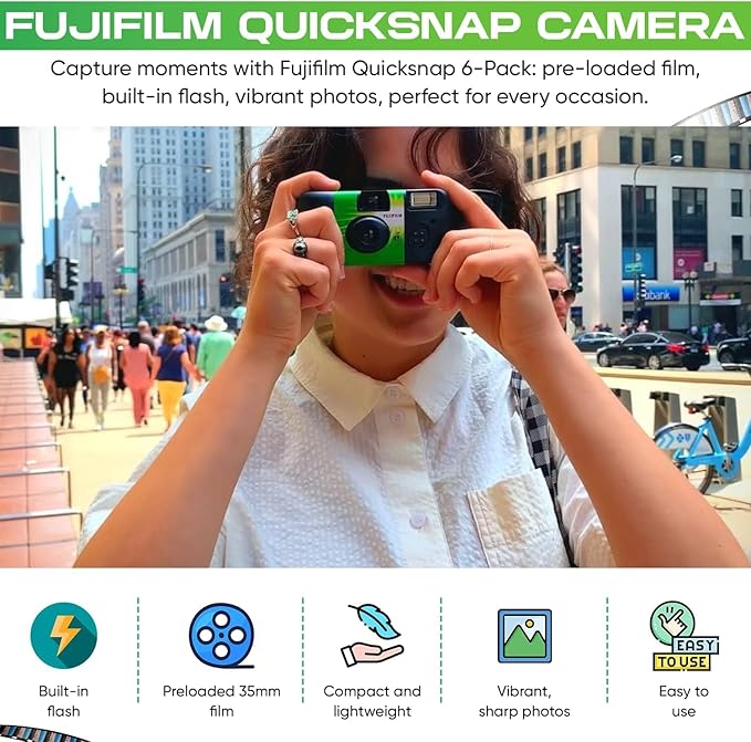 Fujifilm QuickSnap Flash 400 Disposable 35mm Camera with PixiBytes Microfiber Cleaning Cloth... (5 Packs (2 Twin /1 Single Pack))