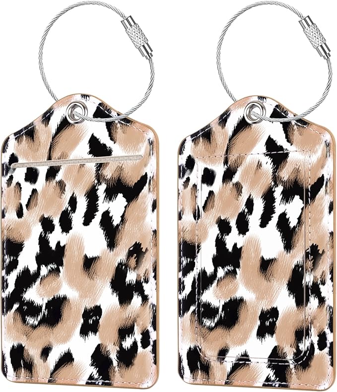 (Set of 2) Luggage Tag Leather Privacy Cover ID Label Address Card with Stainless Steel Loop, Travel Bag Tags Suitcase Labels, Leopard