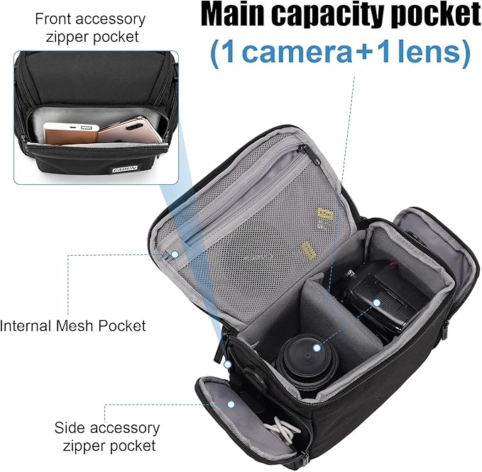CADeN Compact Camera Shoulder Crossbody Bag Case Compatible for Nikon, Canon, Sony SLR/DSLR Mirrorless Cameras and Lenses Waterproof(1.0 S, Black)
