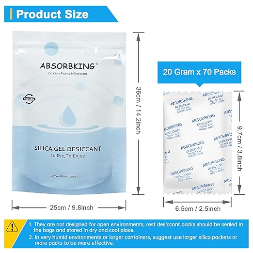 Moisture Absorbers – 20 Gram 70 Packs Silica Gel Packets for Storage, Food Grade Desiccant Packs, Premium Silica Packets for Foods, Electronics, Jewelry, Tools, Safe and 3D Filament