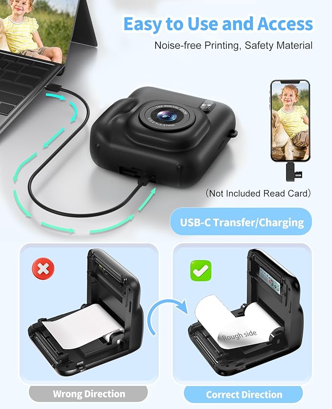 Kids Camera Instant Print, 48MP Dual-Lens Digital Camera for Girls Boys Christmas Birthday Gifts, 1080P Video Selfie Instant Cameras, Portable Toddler for 4-12 Years with 32GB Card-Black