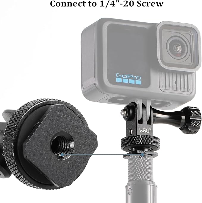 HSU Aluminum Cold Shoe Mount Adapter, 1/4-20 screw hole Tripod Mount Adapter for GoPro Hero 13/12/11/10/9/8/7/6, DJI Osmo Action AKASO, Applicable for Tripod Selfie Stick Monopod and DSLR Camera Flash