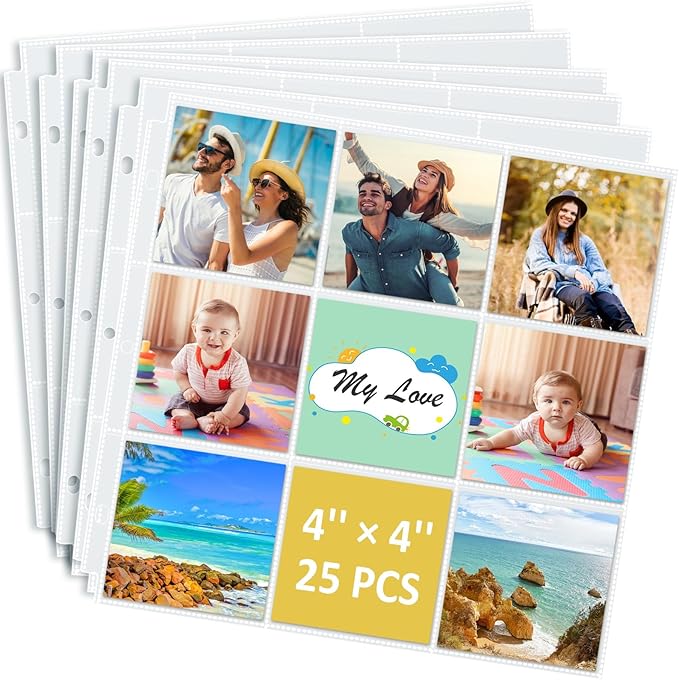 tutata Photo Album Refill Pages, Hold 4''x4'' Photos, 9-Pocket Scrapbook Page Protectors, Fit 13.5" × 13.1" Ring Album Binder, 25 Pack