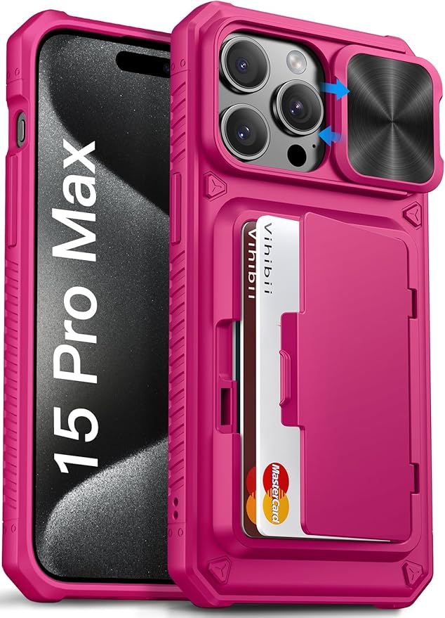 Vihibii for iPhone 15 Pro Max Wallet Case with Card Holder (4 Cards) & Slide Camera Cover & Kickstand, Raised Edges Protect Screen, Rugged Hard Back Cover for iPhone 15 Pro Max, 5G 6.7" 2023, Hot Pink