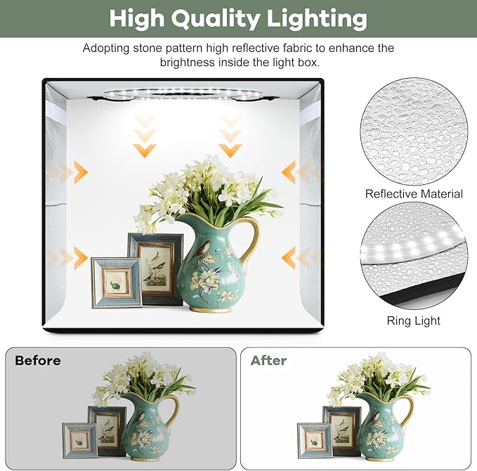 Lightdow 16"x16"x12" Photo Studio Light Box Photography with 120 LEDs (CRI>95), 6 Backdrops - Portable/Dimmable/Versatile Folding Shooting Tents for Toys/Jewelry/Watches/Cosmetics Photography