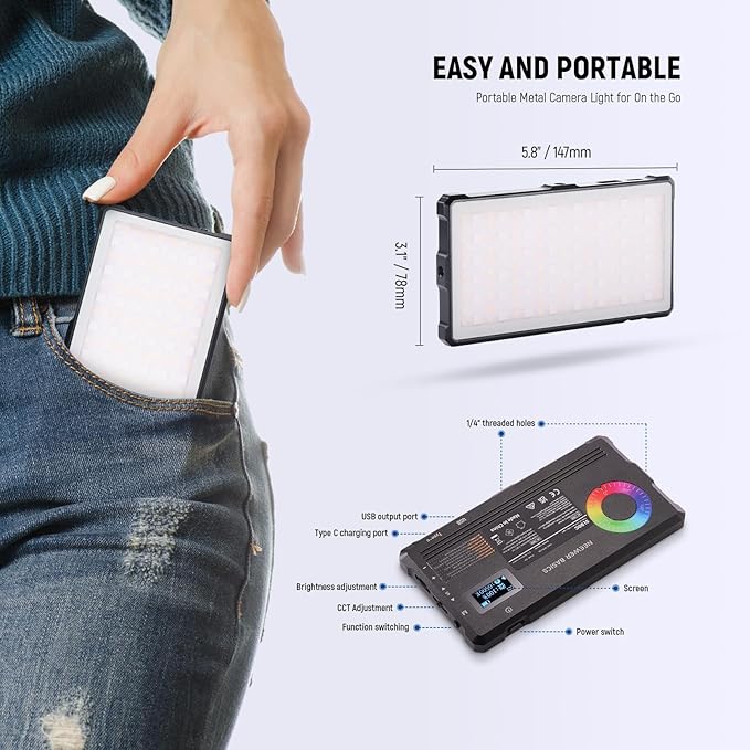 NEEWER Basics RGB Video Light, 8W 2700K-7500K Portable Full RGB Colors 17 Scenes CRI97, 4000mAh Rechargeable Metal Small LED Camera Panel Lighting for DSLR Tripod Streaming Video Recording, SL90C