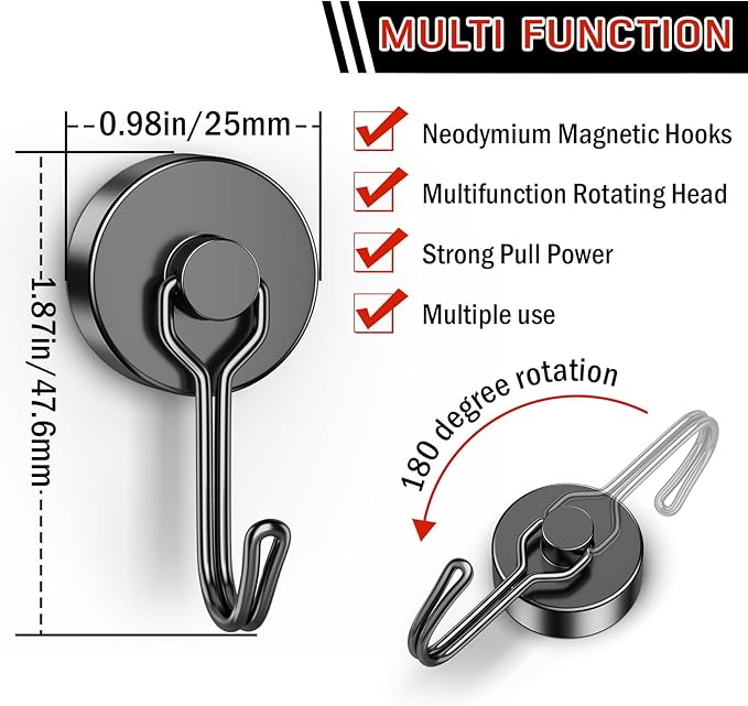 FINDMAG Black Magnetic Hooks, 60 LB+ Magnetic Hooks Heavy Duty 2026 Cruise Ship Essentials, Stong Neodymium Magnet Hooks for Refrigerator, Workplace, Curtain, Locker Accessories, Home - 6 Pack
