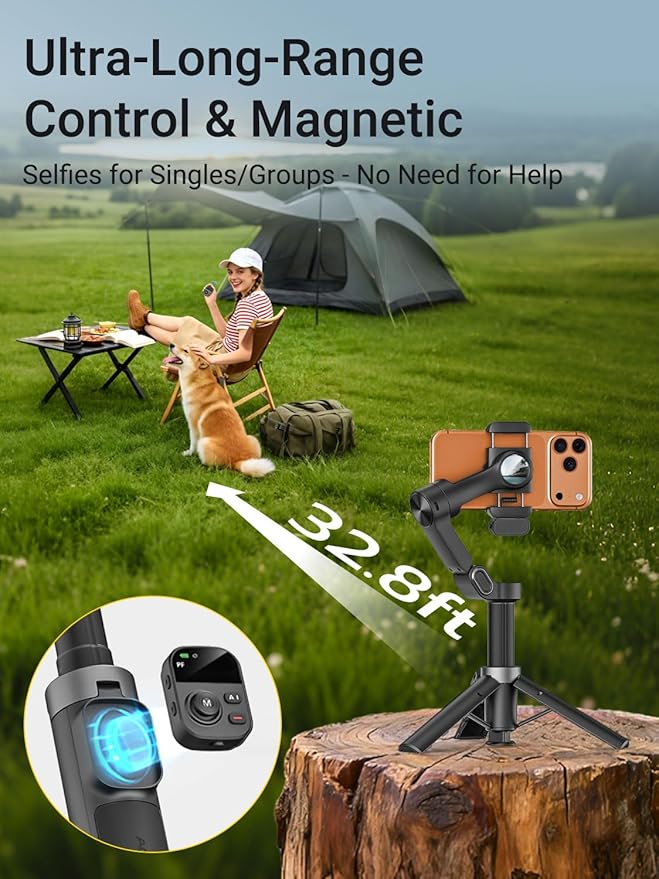 AOCHUAN AI Face Tracker Gimbal Stabilizer for iPhone w/Magnetic Remote, 360° Pan Rotation 3-Axis Gimbal for iPhone, Stabilizer w/Light, Built-in Extension Rod & One-Touch Open Tripod, Volg, Sport