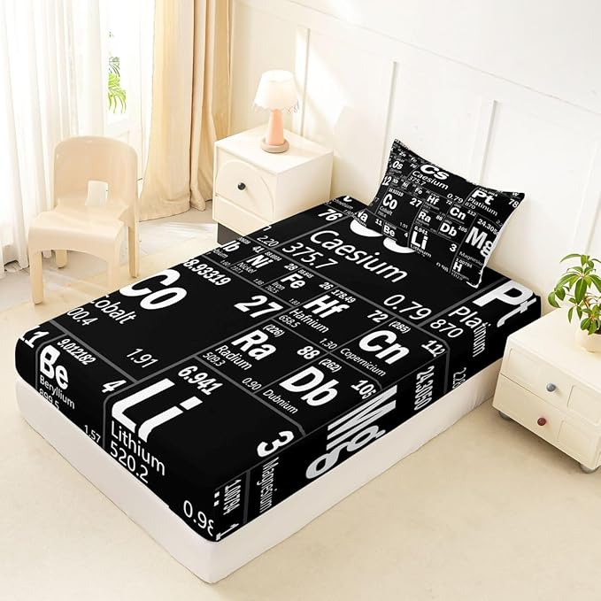 Erosebridal Chemical Periodic Table Bed Sheets Set Twin for Boys Girls Teens Science Students School Educational Dorm Room Decor Sheet Set, Science Theme Sheets Chemical Subject Theme Fitted Sheet