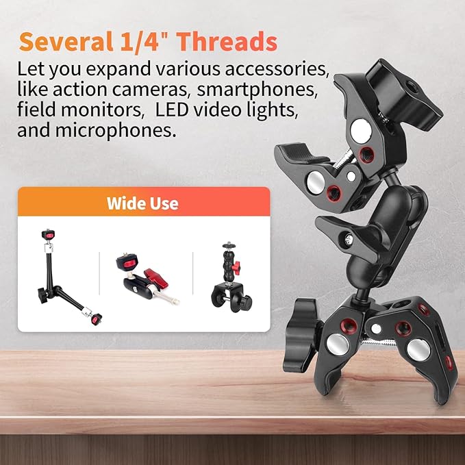 YAYOYA Double Super Clamp Camera Mount, Umbrella Holder Bracket with 360° Ballhead Magic Arm for Pole, Tripod Clamp Mount for Cross Bar, Light Stand, Strollers, Photo Boom Stand, Reflector - CB08