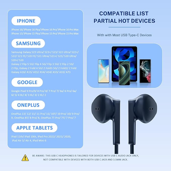 USB C Headphones for iPhone 17 16 15, Wired Earbuds USB C for Samsung S26/S26+/S26 Ultra S24 S25 Ultra A16 5G USBC Wired, USB Type C Headphone with Mic Corded Earphones for iPhone 15 Pro 16 Pro Max