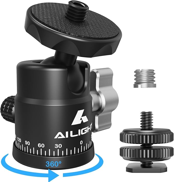 Ailight Mini Ball Head, 360° Panoramic Tripod Head, Universal 1/4" to 3/8" Screw Adapter Swivel Ball Head Tripod Mount, Dual Cold Shoe Mount for DSLR Cameras Camcorder Light Photograph Accessories