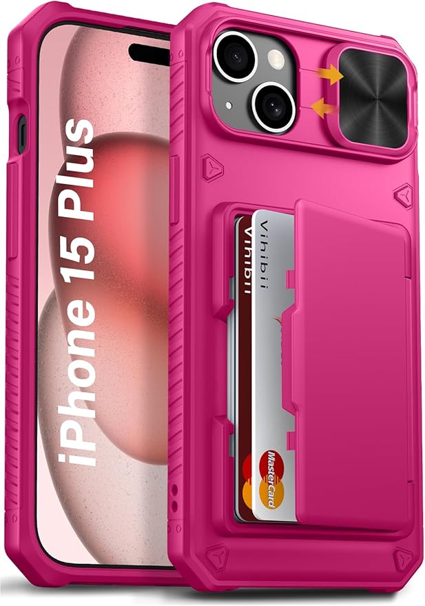 Vihibii for 15 Plus/iPhone 14 Plus Wallet Case with Card Holder (4 Cards), [RFID Blocking] & Slide Camera Cover & Raised Edges Protect Screen, Heavy Duty Case for iPhone 15 Plus/ 14 Plus, Hot Pink