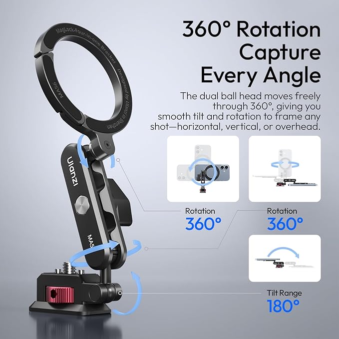 ULANZI MA56 4-in-1 Aluminum Magnetic Phone Tripod Mount for iPhone 17-12 Series, Arca Swiss Plate&1/4 Screw Mount, 360°Adjustable MagSafe Tripod Mount for iPhone/Camera Monitoring/Tripods/Stabilizers