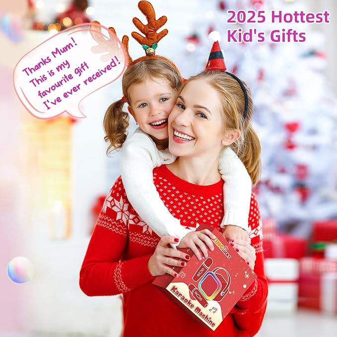 Kinglucky Mini Karaoke Machine for Kids, 2025 TOP Birthday Gifts Ideas for 3-12 Year Old Girls, Christmas Party Gifts Kids' Personal Video Players Accessories with 2 Wireless Microphones - Rose Pink