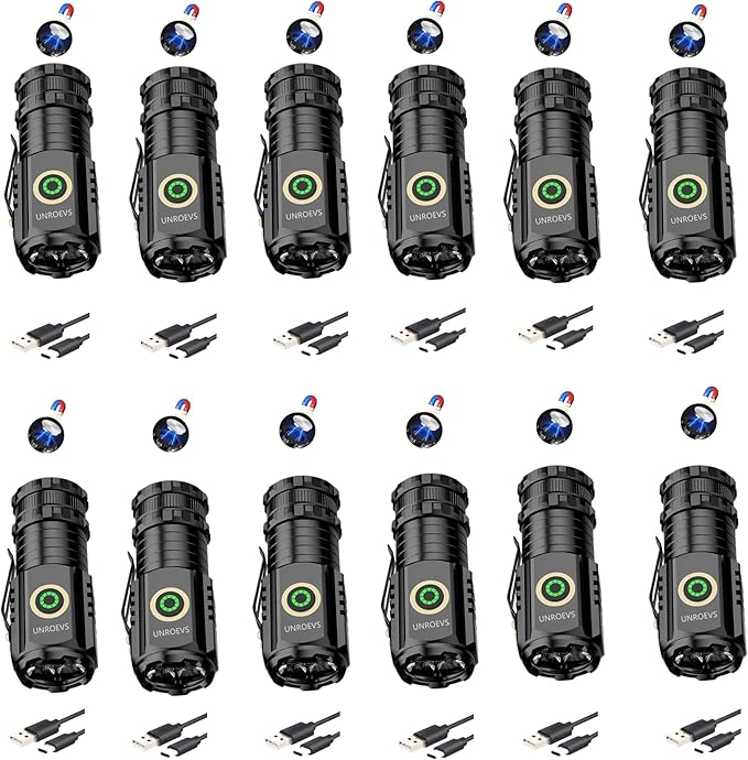 Mini Flashlight 2550 Lumens Rechargeable USB C Charging, Small Flashlights High Lumens 5 Modes, Pocket Light with Clip, Magnetic Flash Light for EDC,Camping, Hiking,Emergency (12 Pack)