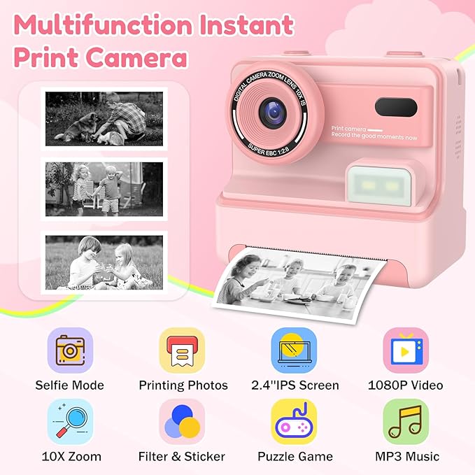 Kids Camera Instant Print, Christmas Birthday Gifts for Girls Age 3-12, Dual-Lens Selfie Camera for Kids with 1080P Videos, 2.4 Inch Screen, 32GB SD Cards & 3 Rolls Print Paper