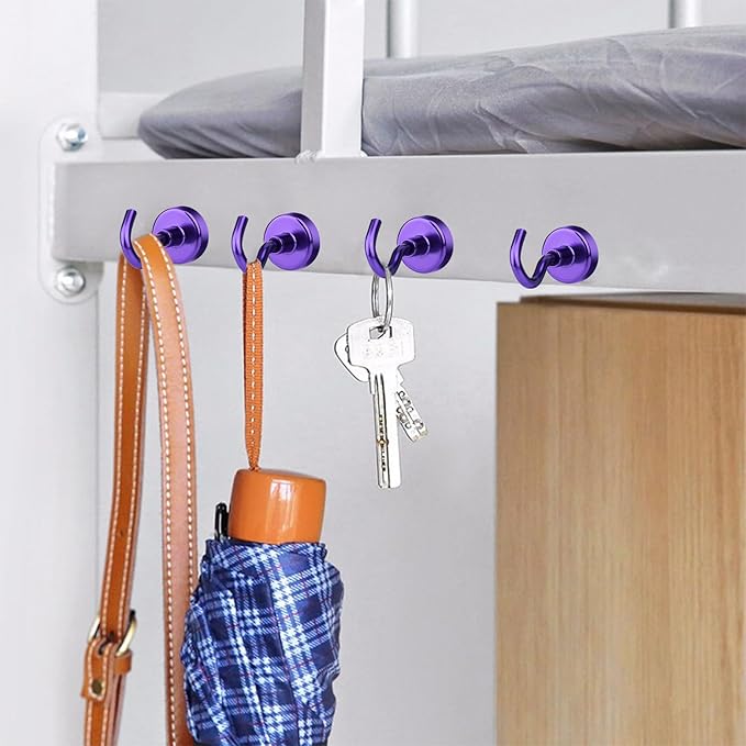 MIKEDE Magnetic Hooks Heavy Duty, 30LB+ Strong Magnets with Hook for Fridge, Neodymium Extra Strength Industrial Hooks for Hanging, Magnetic Hanger for Toolbox, Cruise, Grill (Purple, 4 Pack)