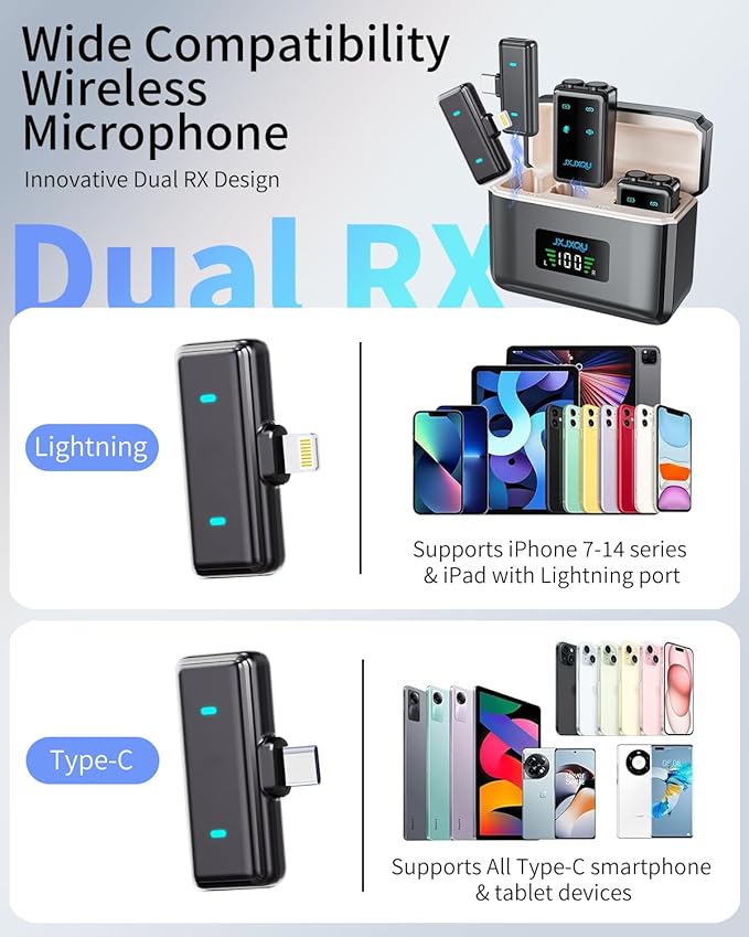 Wireless Lavalier Microphone for iPhone:JXJXQU Mic with Smart Noise Reduction/Reverb Effect/30H+ Battery Mini Design Suitable for Podcast/Vlogging/Video Recording - Compatible with iOS/Android Phones