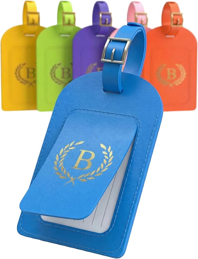 Luggage Tags for Suitcases 6 Pack PU Leather Travel Bag Tags with Privacy Cover & Stainless Steel Buckle, Vegan Leather Name ID Labels for Travel Bags, Cruise, Airline, Backpack, Baggage Identifier(B)