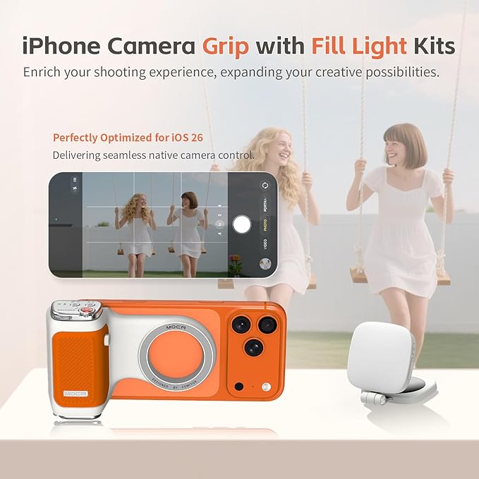 COMITOK iPhone Camera Grip MOCA with Magnet Fill Light & Mirror for 17 Pro iOS26 Native Camera, Fun Shot Magnetic Grip for Phone Compatible iOS17 and iOS18 with Anti-Drop Detachable Remote & Keychain