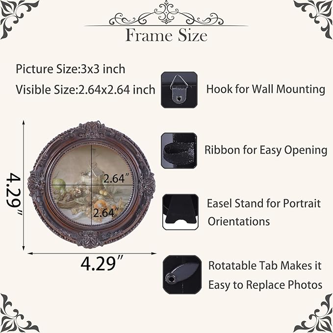 Vintage Picture Frames 3x3 Ornate Distressed Brown Antique Pictue Frames with Real Glass Cover for Wall & Tabletop Display Victorian Home Decor Gallery Wall Decor,Round