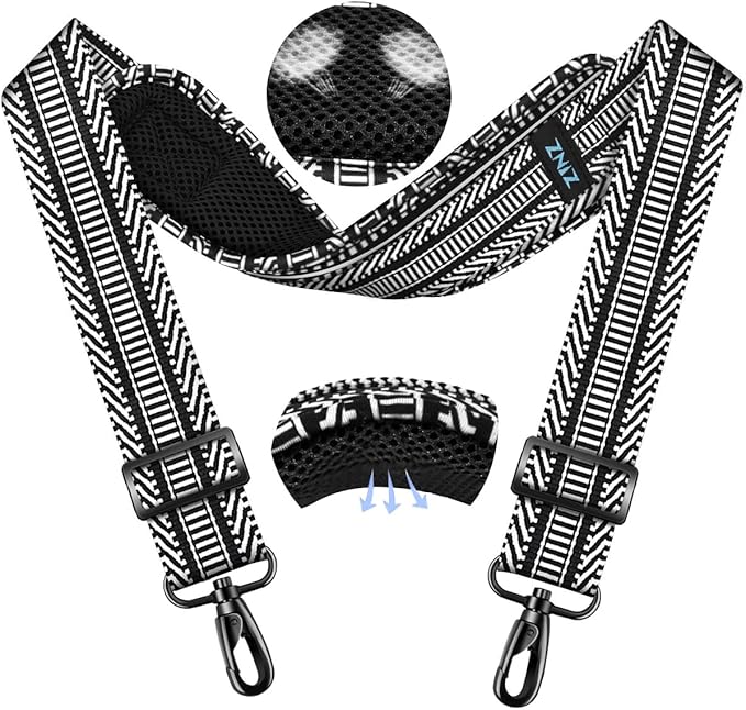 ZINMARK Shoulder Strap 59 inch, Extra-Thick Fixed Cushion Pad and Dual Clasps Universal Replacement Strap for Bags, Camera, Crossbody，Lawn mower -Black White Jacquard