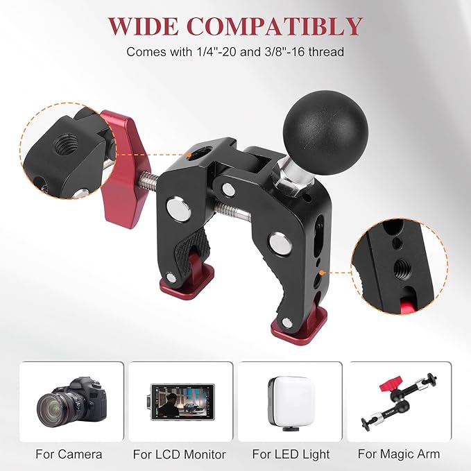 Super Clamp Double Camera Clamp,Dual Clip Mount with Magic Socket Arm - 3/8" & 1/4" Screw, Heavy-Duty Clamps for Desk & Cross Bars& Tripod & Handlebar,All Metal -Max Load Capacity 8.8LB,JC010