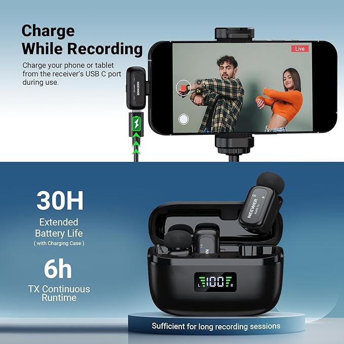 NEEWER KM19 Lightweight Wireless Lapel Microphone, 48kHz/24bit 30H Battery 3-Level Noise Cancelling Mute Stereo 100m Range Mini Lav Mic with App Control, Compatible with iPhone Android Phone PC