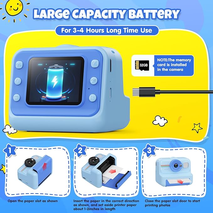 HiMont Kids Camera Instant Print, 1080P HD Instant Print Camera for Kids with 3 Rolls Print Paper & 32GB Card, Selfie Digital Camera for Kid, Ideal Kid Toys Gifts for Boys & Girls Age 3-14 (Blue)
