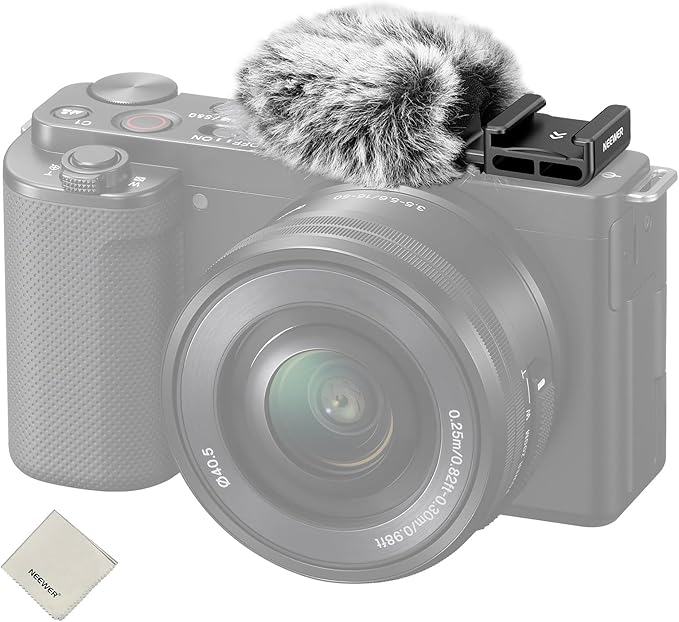 NEEWER CA133 Black Cold Shoe Wind Muff Compatible with Sony ZV-1F ZV-E10 ZV-1 ZV-E1 ZV1 II Vlog Cameras, Microphone Furry Windscreen with Cold Shoe Mount Adapter & Cleaning Cloth Accessories