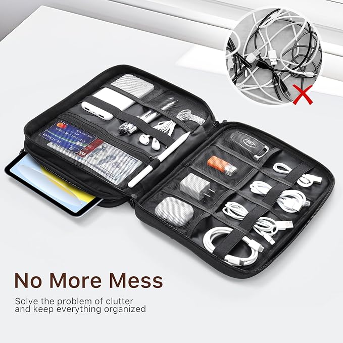 Dadanism Electronics Travel Organizer Case, Double Layers Cord Organizer Travel All-in-One Storage Bag for Cable, Cord, iPad, Chargers, fits 9-11'' Tablets, Portable Tech Accessories Bag, Black