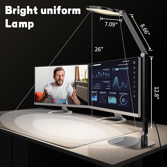 LED Desk Lamp for Home Office, Eye-Caring Diffused Desk Light, 3 Color Temperature 10 Brightness Computer Light, Dimmable Desk Light with Memory & Timer Func, Metal Swing Arm Table Lamp