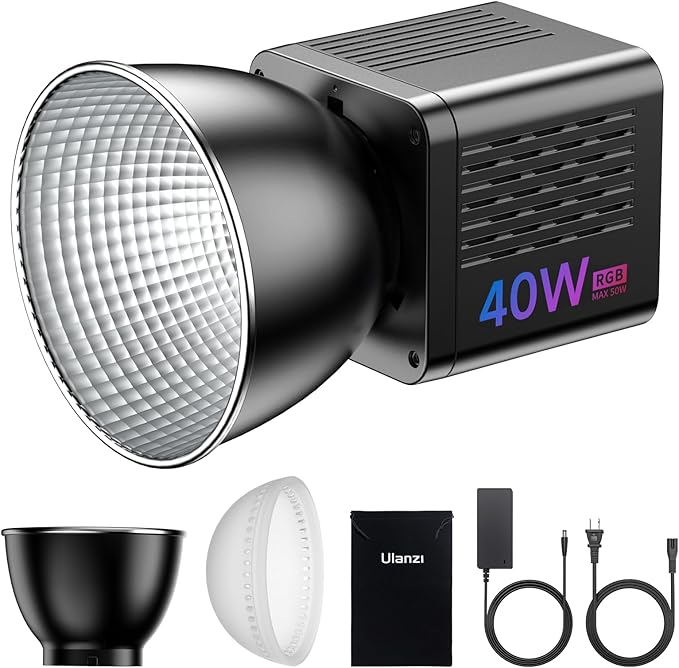 ULANZI 40W Pro RGB Portable LED Video Light w DC Power Adapter, 3400mAh Build-in Battery Metal Mini Adjustable Color Temperature COB Continuous Output Lighting Handheld Spotlight 2500K-6500K for Video